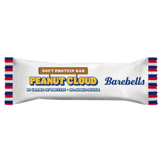 Vit proteinbar med röd-blå rand, Barebells Soft Peanut Cloud, mjuk proteinbar 12 x 55 g.