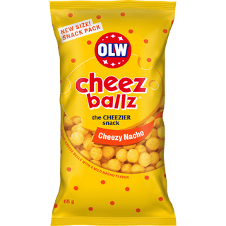 OLW Cheez Ballz Cheezy Nacho, gul prickig 65 g-påse med runda ostbollar