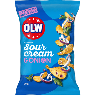 OLW Sour Cream & Onion, blå 90 g-påse med räfflade chips, lök och gräddfil