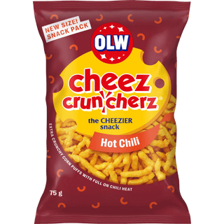 OLW Cheez Cruncherz Hot Chili – vinröd 75 g-påse med krispiga, starka chilisnacks