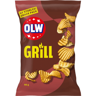 OLW Grillchips, mörkbrun 90 g-påse med räfflade chips i rökig grillsmak