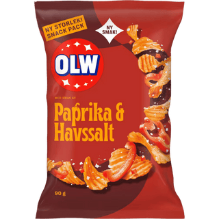 OLW Paprika & Havssalt, tegelröd 90 g-påse med paprikachips och havssalt, ny smak