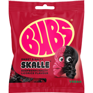 BUBS Raspberry Salty Licorice SKALLE 12 X 155 G