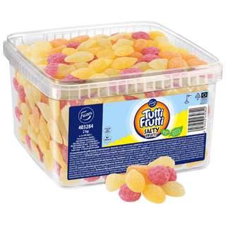 Klar burk med sockrade fruktgummin i gult, orange och rosa, Fazer Tutti Frutti Salty Fruits, 2 kg.