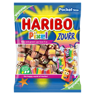 Haribo Pixel Zourr, påse med sura pixelformade fruktgelé-godisbitar i flera färger, pocket size.