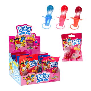 Funny Candy Baby Light Pop, napp-formade klubbor med inbyggt ljus i blått och rött, 12-pack.