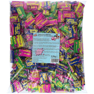 Candy People Tattoo Gum, 400 st tuggummibitar i färgglada omslag med tatueringsdekaler, 2 kg.