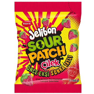 Kent Jelibon Sour Patch jordgubb, rosa påse med sura jordgubbsformade gelégodis, 160 g.