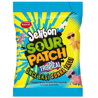 Kent Jelibon Sour Patch Tropical, blå påse med sura gubbformade fruktgodis i tropisk smak, 160 g.